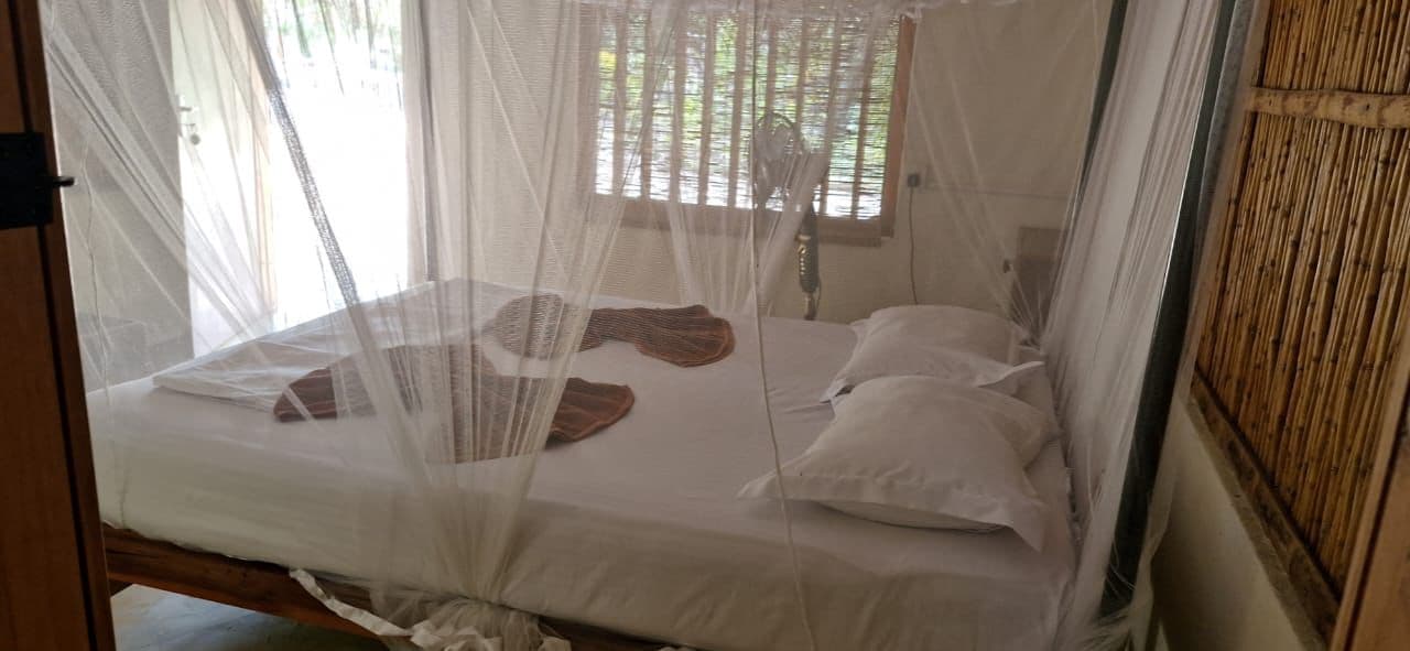 Double bed with a mosquito net against a bamboo wall