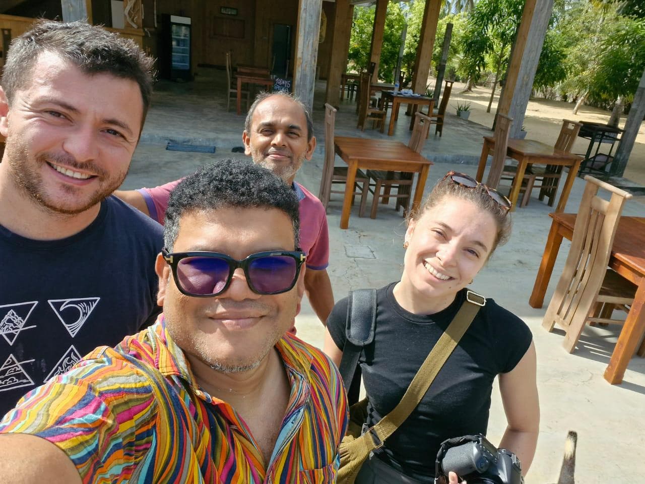 Four Friends Selfie Outdoor Restaurant