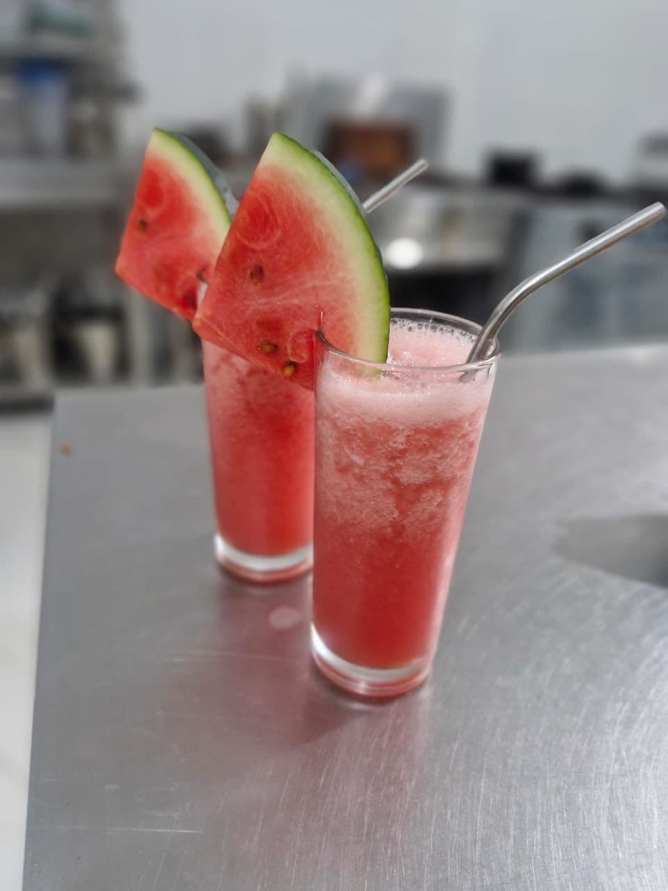 Two Watermelon Juice Glasses Straws